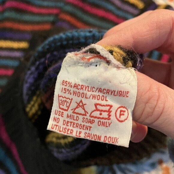 Vintage Phillippe Sweater Womens Stripe 80s Boat Neck Wool Blend Black Rainbow - Picture 4 of 6